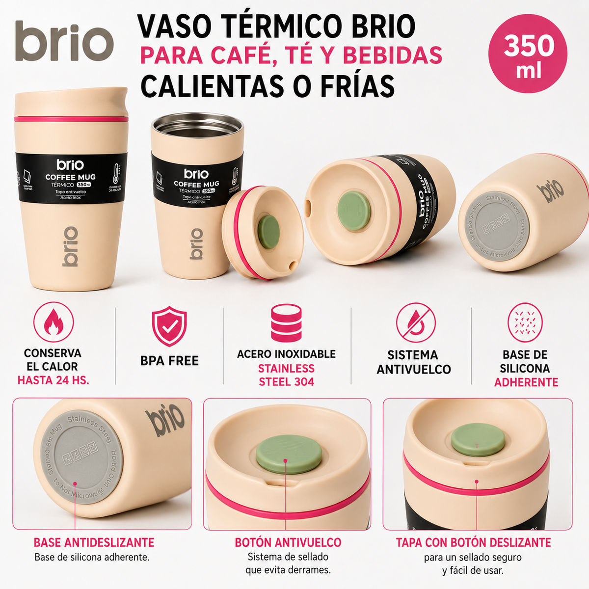 Vaso Termico brio Cafe Jarra Mug 350ml Acero Inoxidable
