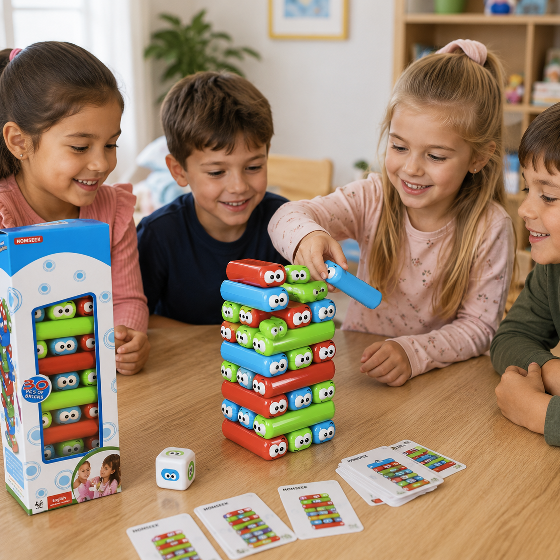 Torre de Equilibrio con Cartas y Dado – Juego de Habilidad para Niños
