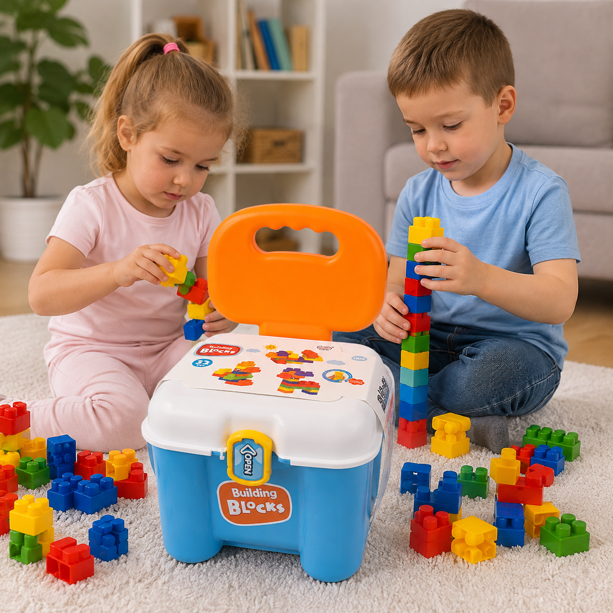 Silla Infantil con Bloques de Construcción y Baúl de Guardado