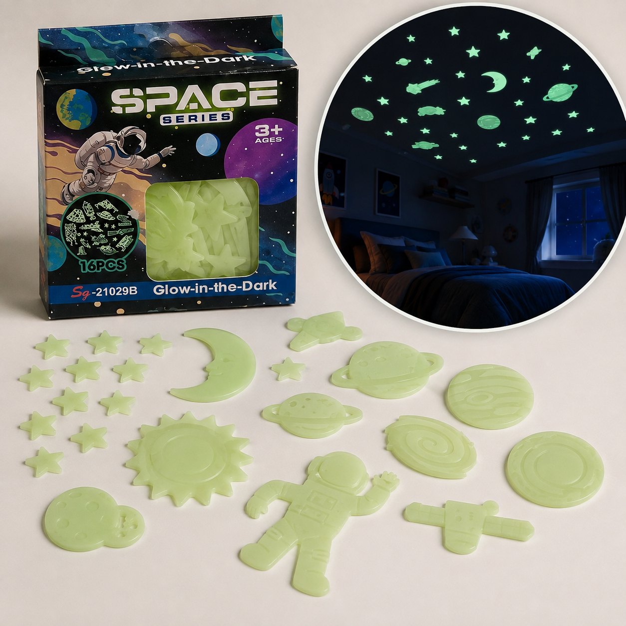 Set Espacial Fluorescente Glow in the Dark – 16 Piezas