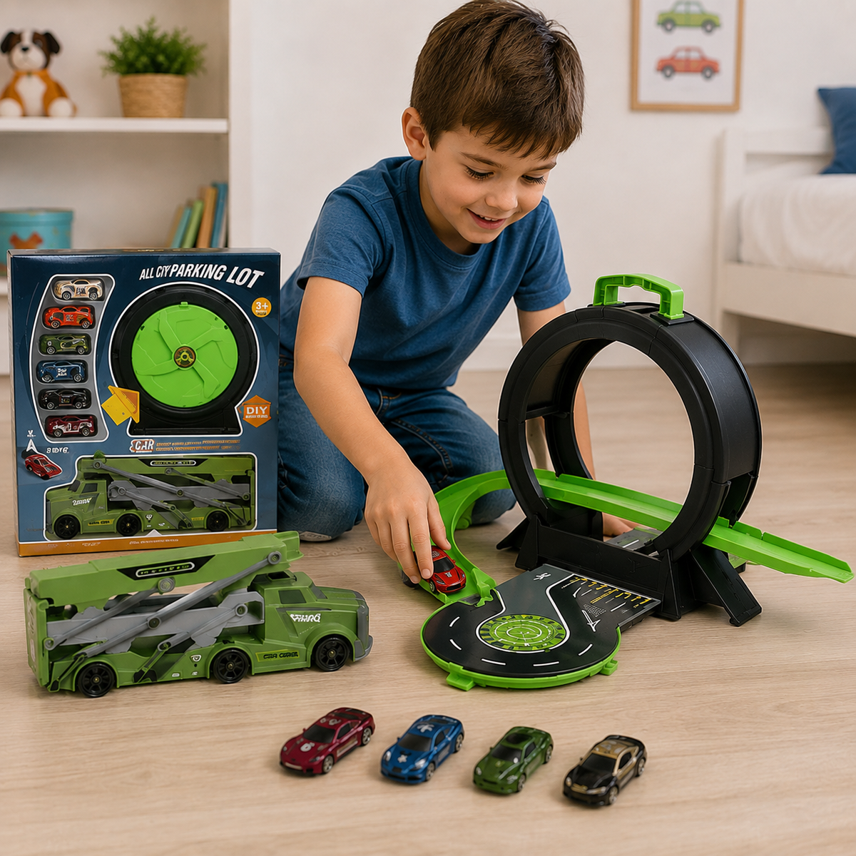 Pista de Autos 2 en 1 con Camión Transportador