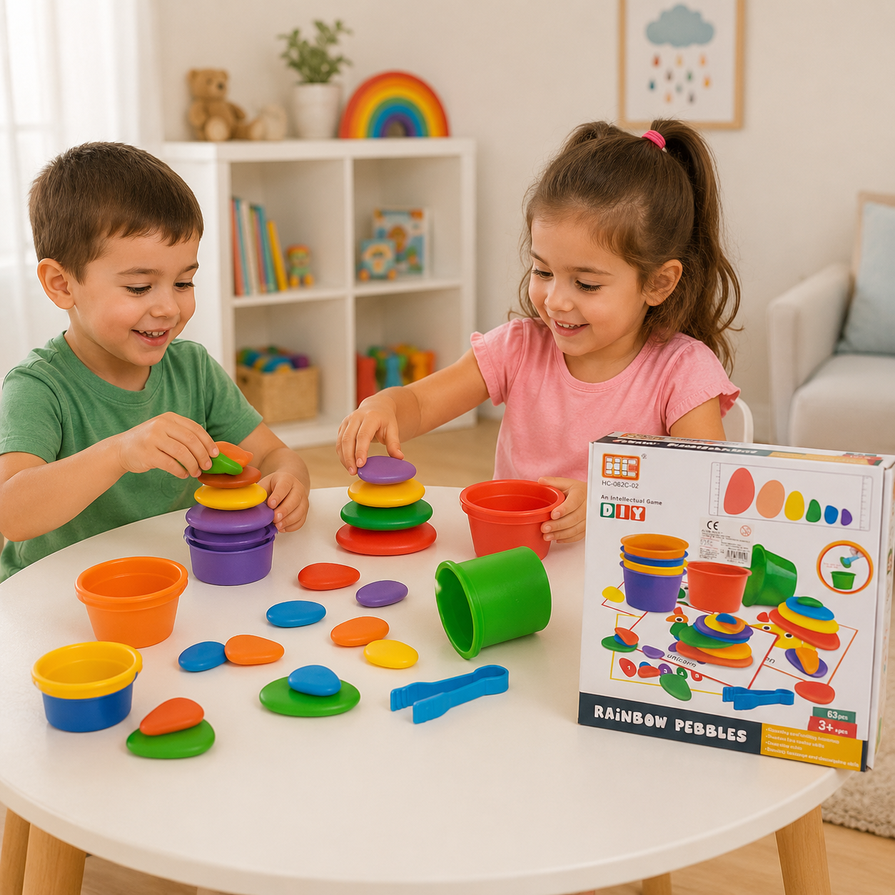 Rainbow Pebbles – Juego Didáctico de Equilibrio, Clasificación y Apilado