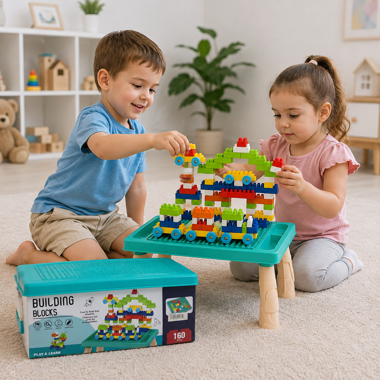 Mesa de Construcción con Bloques – 160 Piezas