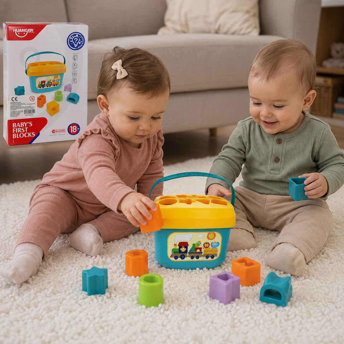 Balde Didáctico Encastrable Huanger – Baby’s First Blocks 16 Piezas