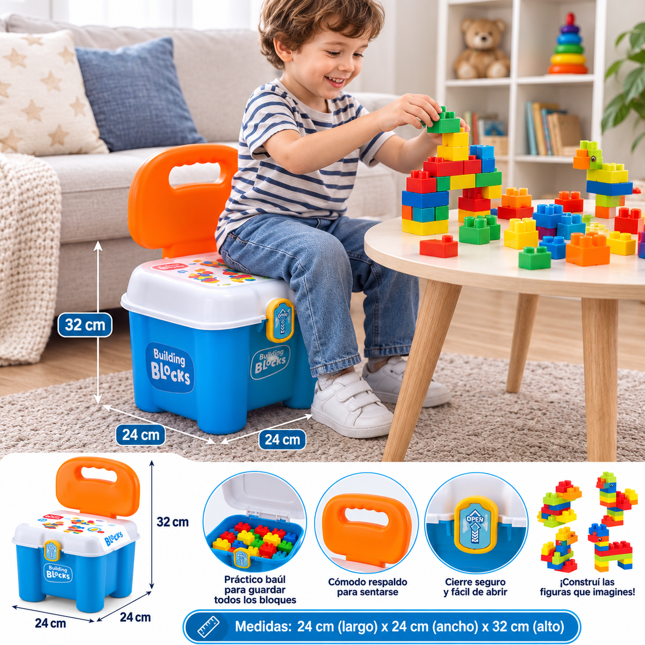 Silla Infantil con Bloques de Construcción y Baúl de Guardado