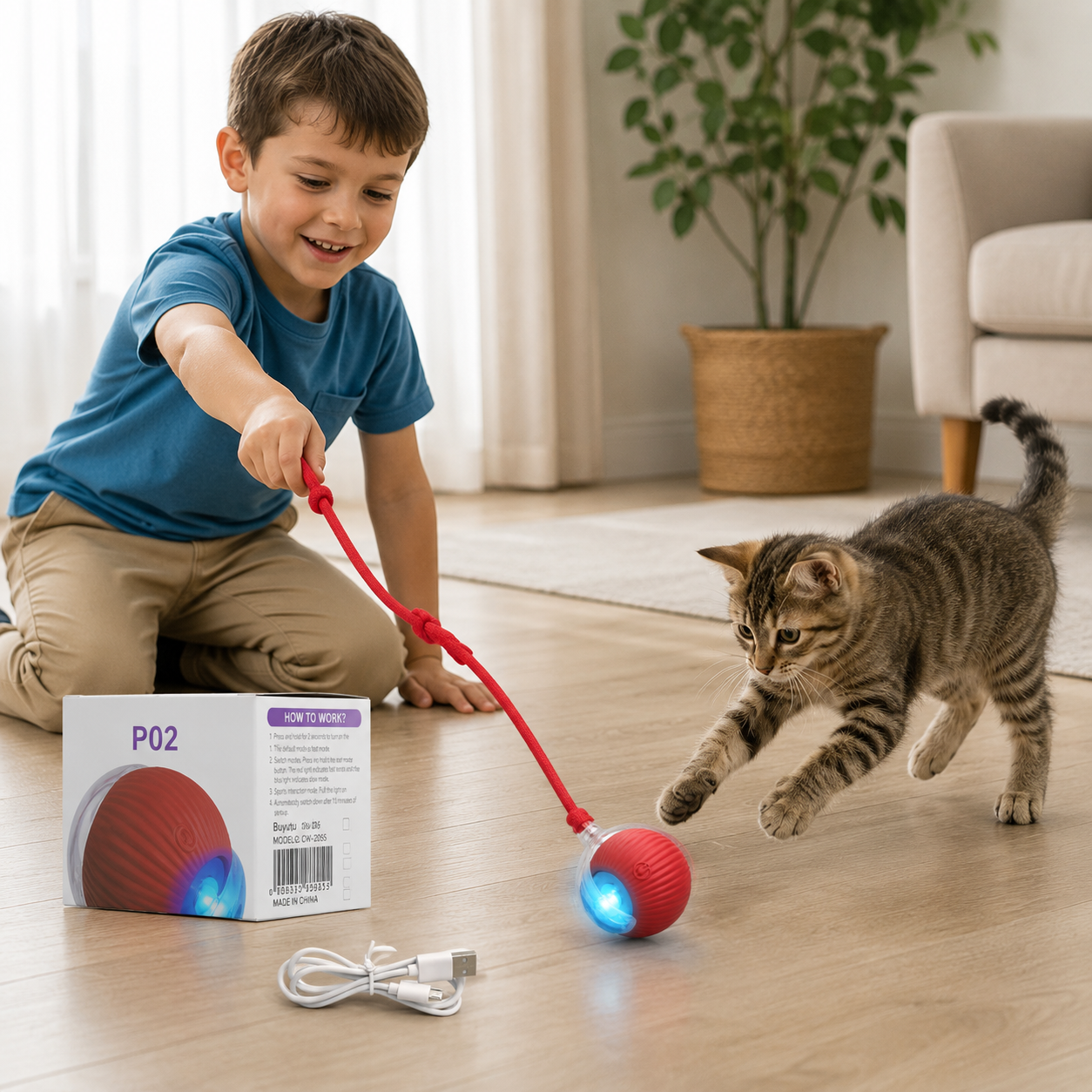 Pelota Interactiva con Luz y Cuerda para Mascotas – Recargable USB